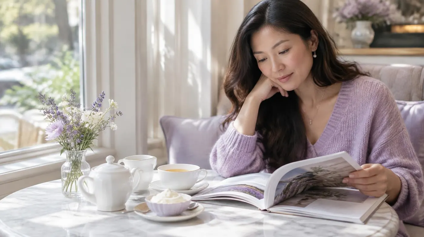 A woman reading a thoughtful article over tea
