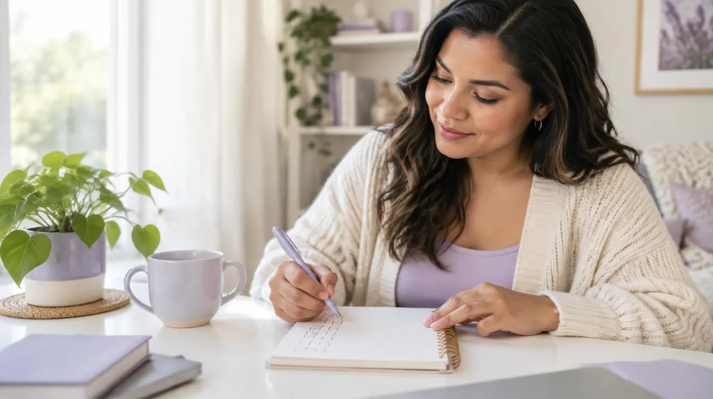 A woman working through a written personal plan