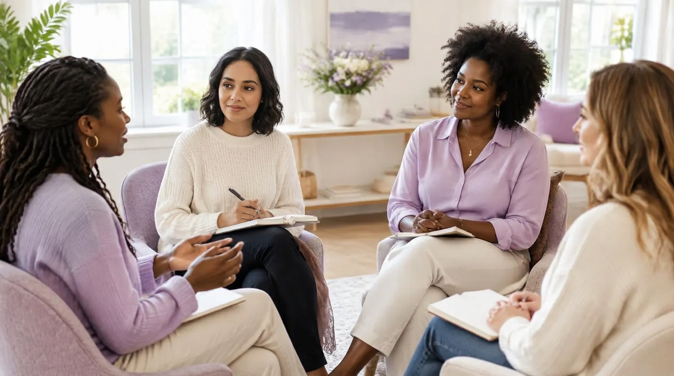 A small group of women in a guided workshop conversation